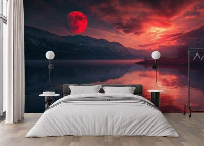 Lake landscape with a red moon with reflection, 4K wallpaper Wall mural