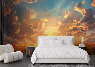 person kneeling and raising hands, Open arms, for pray to God on meadow sunset background Wall mural