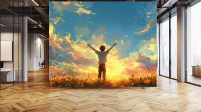 person kneeling and raising hands, Open arms, for pray to God on meadow sunset background Wall mural