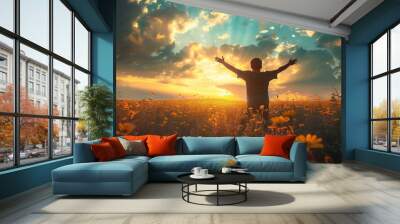 person kneeling and raising hands, Open arms, for pray to God on meadow sunset background Wall mural