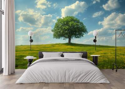 single big oak tree in field with perfect treetop Wall mural