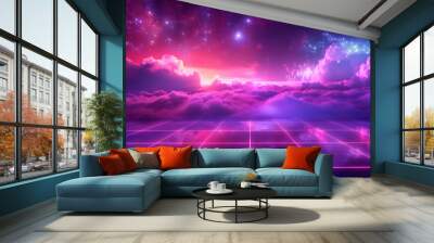 Synthwave landscape with neon grid, clouds, and sunset, 80's retrowave scene illustration Wall mural