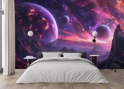 Three planets in the sky, a blue planet on the left side, an orange and red universe behind it Wall mural