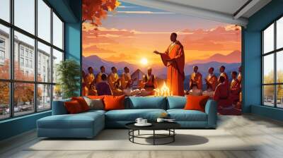 The monk leading a ritual at sunset illustration Wall mural