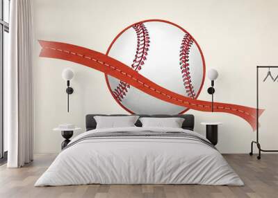 Baseball ball lace. Spherical softball realistic red stroke lines for sport logos and banners.  design elements retro sports leather objects with red seam Wall mural