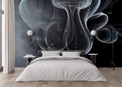 Close-up of steam or abstract white smog rising above. water droplets that can be seen that swirl beautifully from humidifier spray. Isolated on a black background Wall mural