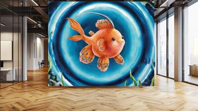 cute orange balloon molly fish swordtail on blue circle round , water color style Wall mural