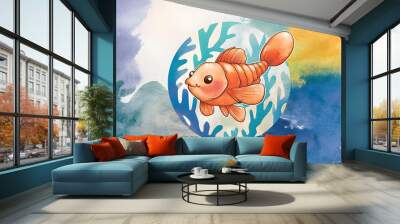 cute orange balloon molly fish swordtail on blue circle round , water color style Wall mural