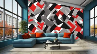 Geometric camouflage seamless pattern. Urban military clothing style, masking camo repeat print. Grey red and black color Wall mural