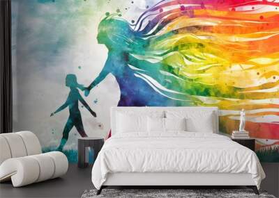 spirit human body walking inspiring rainbow way mind mental health soul spiritual imagine energy emotion connect universe abstract art  watercolor painting fantasy digital collage illustration design Wall mural