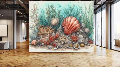 Underwater still life with shells and corals. Hand drawn colored sketch of underwater junk such as shells small coins peebles red corals green algae and air bubbles Wall mural