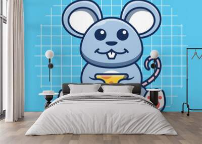 Mouse mascot holding cheese vector illustration. Flat cartoon style. Wall mural