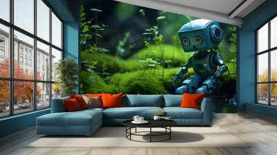 Cute little robot in the forest. Wall mural