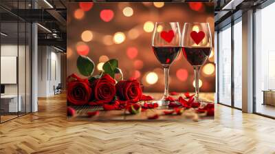 Two glasses of red wine standing next to roses, in the style of glowing lights, spectacular backdrops, romantic charm. Valentines day banner. Wall mural