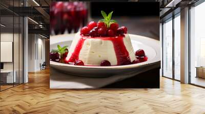 Vanilla panna cotta with a vibrant red berry sauce and fresh berries on top. Wall mural