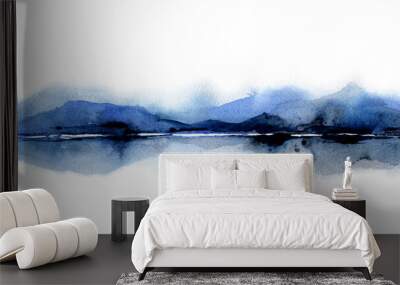 Landscape with islands in water. Traditional Japanese ink wash painting. Indigo Watercolor Silhouette of the mountains of lake. Blue shades. Artwork painting for poster, card, banner, book, cover. Wall mural