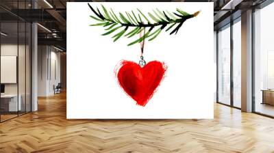 Red heart decorations on pine branch, banner with white background and space for text. Love, Christmas, New Year concept. Christmas holidays mood. Atmospheric still life. Wall mural