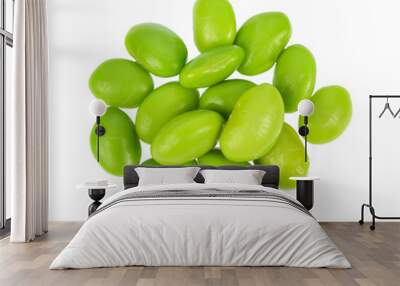 Ripe green soy beans isolated on white background, Top view. Wall mural