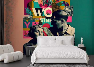 Generative AI illustration of a colorful poster or collage in vintage and modern style with people and various characters representing the relationships between people. Artwork and illustration Wall mural