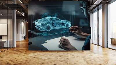 Generative AI Illustration of an engineer designing a car with virtual technology Wall mural