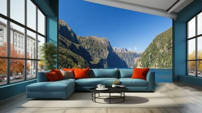 Landscape of fjord in New Zealand called Milford Sound in sunny day Wall mural