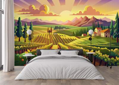 A beautiful landscape with a house and a vineyard. The sun is setting and the sky is filled with clouds Wall mural