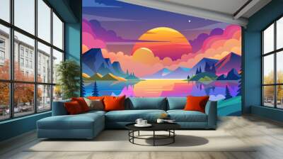 A beautiful landscape with a large orange sun in the sky. The sky is filled with clouds and the sun is setting. The mountains in the background are covered in trees and the lake is calm and peaceful Wall mural