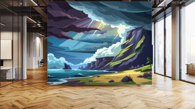 A dark sky with a mountain in the background. The sky is cloudy and the sun is shining through the clouds Wall mural