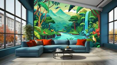 A lush green jungle with a river flowing through it. The scene is full of life and color, with various animals and plants scattered throughout the area Wall mural