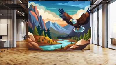 A majestic eagle is flying over a mountain range with a river below. The scene is serene and peaceful, with the eagle soaring high above the landscape Wall mural