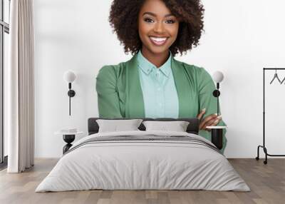 front view mid body shot of an extremely beautiful african black female model dressed as a Professor smiling with arms folded, isolated on a white background Wall mural