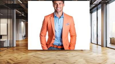 man dressed in charcoal gray dress pants, a light blue dress shirt, and a vibrant orange blazer, isolated on a transparent white background  Wall mural