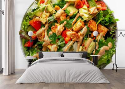 Top view of Mexican Caesar Salad with Chipotle Dressing isolated on a white transparent background Wall mural