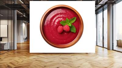 Top view of raspberry coulis dip in a wooden bowl isolated on a white background Wall mural