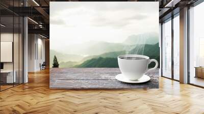 freshly brewed coffee or espresso into a white coffee mug. Hot coffee in a mug placed on the tabletop or wooden balcony. Morning mountain view, morning sunshine. 3D Rendering Wall mural