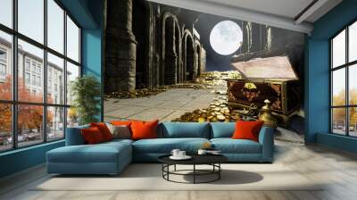 Full Moon and Treasury hall. treasure trove of gold coins And chests and treasure boxes pile up. Treasuries, kingdoms and castles. The concept of finding lost ancient treasures. 3d rendering Wall mural