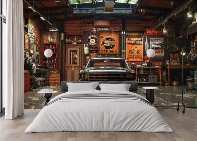 Cozy home garage with classic car parked inside, surrounded by vintage posters, automotive memorabilia on walls. Wall mural