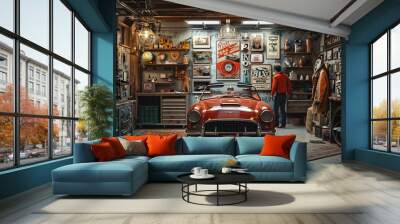 Cozy home garage with classic car parked inside, surrounded by vintage posters, automotive memorabilia on walls. Wall mural