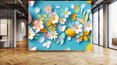 there are many paper flowers and eggs on a blue background Wall mural