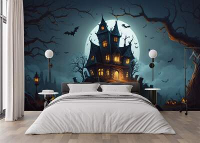 Halloween night with a spooky house and bats, halloween background. Wall mural