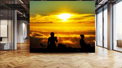 Magical sunset and silhouettes of people at Table Mountain, South Africa Wall mural