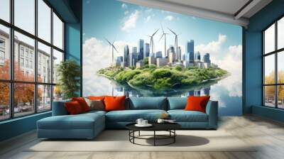 Renewable energy wind turbines with green and environmental purity for cities and people. Sustainable solutions, battery storage sites, wind turbines and a megacity with skyscrapers, Generative Ai Wall mural