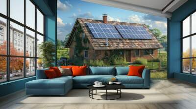 A charming house with solar panels, surrounded by lush greenery, showcasing sustainable living in a serene countryside setting. Wall mural