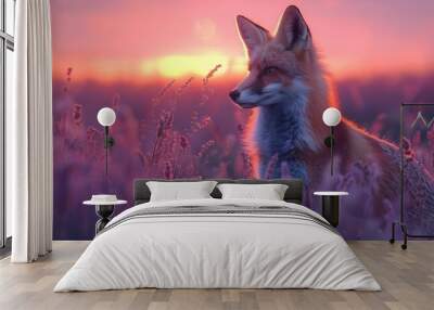 A solitary fox sits serenely in a lavender field during sunset, surrounded by a dreamy, ethereal glow and soft light. Wall mural