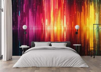 A vibrant and colorful abstract background with vertical light patterns reflected in a calm water surface. Wall mural