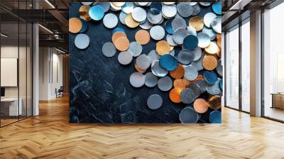 A vibrant collection of metallic coins in various colors scattered across a dark surface, creating a dynamic and eye-catching scene. Wall mural