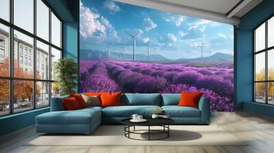 A vibrant landscape of blooming lavender fields with wind turbines under a blue sky, capturing the essence of nature and renewable energy. Wall mural