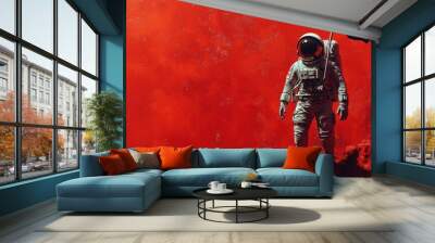 An astronaut explores a vibrant red landscape, symbolizing adventure, discovery, and the vastness of space, background with copy space Wall mural