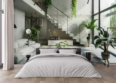 bright industrial minimalist living room featuring exposed concrete walls, a gray rug, and a blue me Wall mural