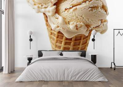 Close-up of a delicious vanilla ice cream cone with two scoops on a white background, transparent background Wall mural